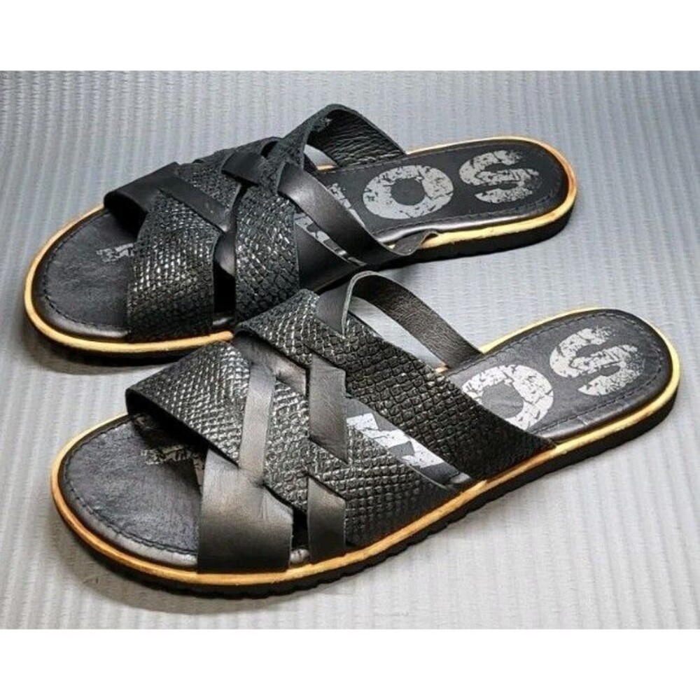 Sorel Ella Glitter Leather Slide Sandals Black Sz 8 Women's Crisscross Strappy